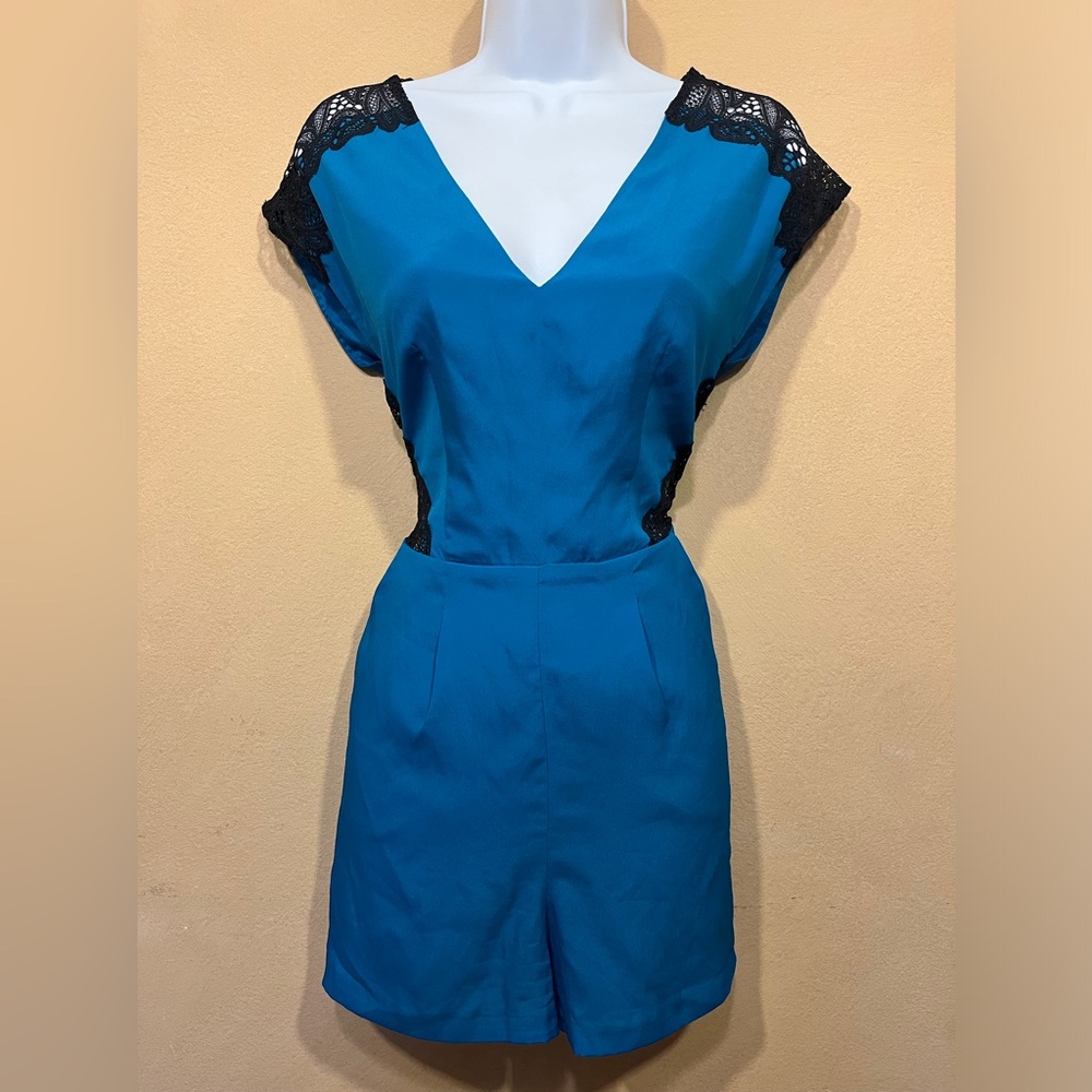 Bebe Teal Crochet Panel Short Romper